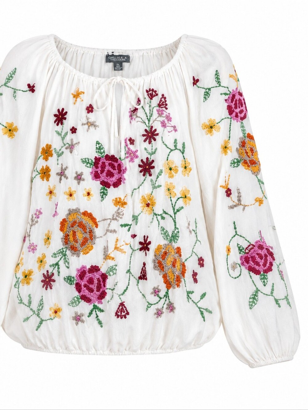 CHELSEA & THEODORE | Floral Embroidered Boho Balloon Hem Cottagecore Blouse | XL